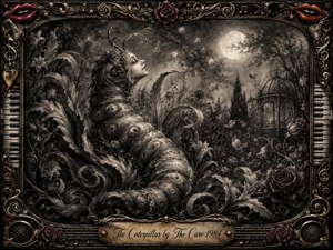 A dreamlike charcoal garden surrounds a graceful caterpillar figure with a serene human face, curling through dense leaves beneath a glowing moon. Deep blacks, smoky grays, muted roses, and soft highlights create a romantic gothic mood. Ornate musical framing, red lips, piano keys, gold filigree, and an engraved title plate complete the composition.