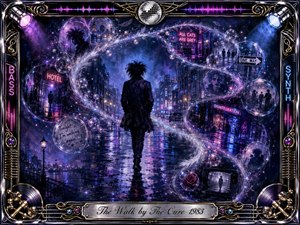 A lone black-clad figure walks through a rain-slicked neon city, surrounded by an S-shaped stream of glowing bubbles, feathers, memories, and shadowy scenes. Electric blues, violets, magentas, and silver reflections create a hypnotic nocturnal mood. Ornate chrome-and-gold musical framing, spotlights, vinyl motifs, and the engraved title plate complete the digital painting.