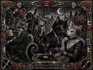 A stylish group of anthropomorphic cats gathers in a moonlit rooftop jazz club, creating a playful, romantic, slightly gothic mood. Rich charcoal textures dominate, accented by deep crimson roses, glowing drinks, neon signs, and metallic gold details. Ornate musical framing, vintage microphones, piano keys, records, and elegant costumes complete the theatrical scene.