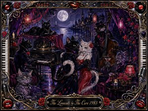 A whimsical moonlit cabaret gathers elegant cats around a grand piano, double bass, cocktails, roses, and glowing lanterns. Deep purples, midnight blues, crimson, black, and gold create a romantic gothic mood. Painterly gouache textures, silver moonlight, expressive characters, and an ornate music-themed frame give the scene playful theatrical sophistication.