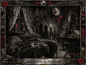 A shadowy charcoal bedroom glows with gothic romance and new-wave energy, framed by ornate chrome, gold filigree, red lips, guitar strings, and musical motifs. Rumpled bedding, city lights, floating dancers, lipstick marks, records, a vanity mirror, and crimson accents create a sensual, playful atmosphere beneath softly shimmering nocturnal light.