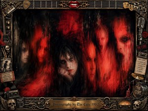 A haunting gothic portrait emerges through smeared black and blood-red textures, with ghostly faces dissolving into shadow around a brooding central figure. Dim crimson light intensifies the claustrophobic mood, while an ornate metallic frame of guitars, skulls, records, microphones, and stage relics surrounds the distressed, painterly composition.