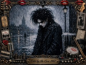 A solitary, black-clad figure stands beneath falling snow in a bleak, icy cityscape, surrounded by shadowy buildings and cold blue-gray light. The mood is mournful and introspective, rendered in a richly textured gothic painting style. An ornate gold-and-black frame incorporates red lips, roses, instruments, records, tickets, and vintage concert memorabilia.