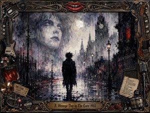 A solitary figure walks through a rain-soaked gothic city beneath a pale moon, surrounded by towers, iron fences, and glowing streetlamps. A ghostly face looms through smoky blue-grey clouds, while crimson accents sharpen the melancholy mood. An ornate gold-and-chrome rock memorabilia frame completes the dramatic, painterly composition.