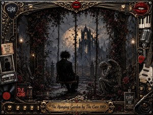 A solitary dark-haired figure sits on a vine-wrapped swing in a moonlit gothic garden, facing a ruined cathedral beneath a vast glowing moon. Deep blacks, crimson roses, aged gold, and smoky gray create a mournful atmosphere. Ornate rock memorabilia, instruments, angel statuary, lanterns, and metallic filigree frame the richly detailed scene.