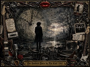 A lone dark figure stands before a vast decaying clock in a bleak, flooded landscape beneath a smoky gray sky. Muted charcoal, black, sepia, and rust tones create a mournful gothic mood, while guitars, records, drums, cables, posters, and red lips form an ornate rock memorabilia frame around the scene.