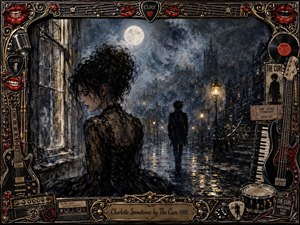 A pale woman in black lace stands beside a weathered window overlooking a rain-slicked gothic city, while a solitary figure disappears beneath glowing streetlamps. Moonlight, fog, smoky blues, charcoal blacks, and muted gold create a haunting dreamlike mood. An ornate rock-memorabilia frame surrounds the richly textured, painterly scene.