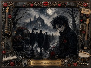 A moonlit funeral procession winds through a misty Gothic cemetery toward a shadowy cathedral, while a solitary dark-haired figure stands mournfully beside red roses. Charcoal-black tones, silver light, wet reflections, and crimson accents create a solemn, dreamlike mood. An ornate music-themed frame of guitars, records, skulls, and gold detailing surrounds the scene.