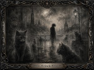 A solitary figure stands amid a fog-shrouded gothic city while spectral grey cats emerge from shadowed streets and reflective pavement. Deep charcoal blacks, silver greys, and muted sepia tones create a mournful, dreamlike mood. Feathered textures, hazy moonlight, ornate musical metalwork, roses, and the engraved title plate complete the haunting composition.