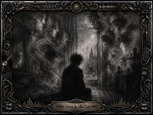 A solitary dark figure sits in a shadowed gothic room as ghostly faces emerge from swirling charcoal mist around a moonlit window. Deep blacks, smoky grays, and pale highlights create a haunting, introspective mood. An ornate metallic frame of roses, cables, musical details, and engraved titlework completes the dramatic composition.