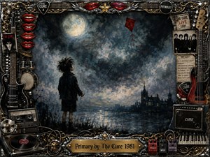 A solitary child stands beside dark water beneath a luminous moon, guiding a red kite through a stormy blue-gray sky toward a distant gothic skyline. The moody oil-painted scene is framed by ornate chrome and gold rock memorabilia, instruments, red lips, records, pedals, and photographs, creating a nostalgic, theatrical atmosphere.