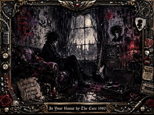 A solitary figure sits in a shadowy, cluttered room beneath a pale moonlit window, surrounded by guitars, records, amplifiers, posters, candles, and music memorabilia. Deep charcoal blacks, bruised purples, muted reds, and metallic gold create a brooding Gothic atmosphere, framed by ornate rock-and-roll details and a central engraved title plate.