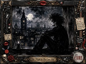 A pale, black-haired figure sits beside a rain-streaked window overlooking a moonlit gothic city of towers and glowing windows. Charcoal-black, silver, muted gold, and deep red create a brooding nocturnal mood. An ornate rock-themed frame surrounds the scene with guitars, records, roses, skulls, tickets, cables, and an engraved title plate.