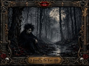 A solitary gothic figure sits beneath twisted trees in a misty moonlit forest, surrounded by reflective water and scattered crimson leaves. Cold charcoal grays and black dominate, accented by red roses, lips, and warm gold. An ornate guitar-inspired metallic frame, skull details, and engraved title plate intensify the haunting, melancholic atmosphere.