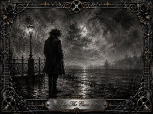 A solitary dark figure stands beside a rain-slicked waterfront beneath a pale moon, surrounded by mist, reflective water, and a faint ghostlike face in the clouds. Deep charcoal textures create a brooding, nostalgic mood, while silver-gray highlights and an ornate black, chrome, gold, rose, and music-themed frame add gothic elegance.
