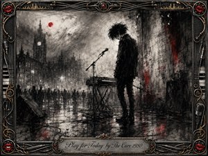 A solitary dark-clad musician stands beside a keyboard and microphone in a rain-slicked urban square, surrounded by distant shadowy figures and gothic architecture. Feathered charcoal textures create a brooding post-punk mood, with smoky grays, black shadows, silver highlights, and sharp red accents. An ornate musical frame and engraved title plate complete the composition.