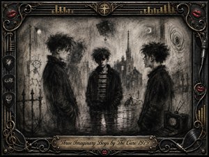 Three shadowy boys stand apart in a rain-soaked, dreamlike cityscape, rendered in deep feathered charcoal. Ghosted faces, distant buildings, graffiti, reflections, and a crescent moon create an uneasy, introspective mood. An ornate black, chrome, and gold music-themed frame surrounds the scene, accented by vivid red lips and an engraved title plate.