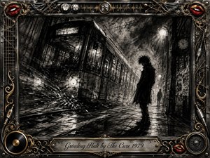 A solitary figure stands beside a violently halted train on a rain-darkened urban platform, surrounded by smoky charcoal textures, scratched highlights, and wet reflections. Stark black, gray, and white tones create a tense post-punk atmosphere, while the ornate chrome-and-gold musical frame, red lips, cables, speakers, and engraved title plate add theatrical detail.