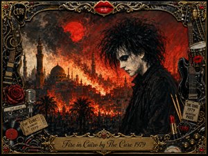 A pale, dark-haired musician stands against a blazing Cairo skyline beneath a blood-red moon, creating a brooding gothic mood. Crimson flames, black smoke, and amber light fill the dramatic composition. An ornate gold-and-black rock memorabilia frame surrounds the scene with guitars, records, roses, microphones, drumsticks, lipstick, and vintage concert details.
