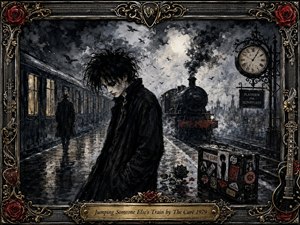 A brooding gothic figure stands on a rain-soaked railway platform as a steam train approaches beneath a stormy moonlit sky. Deep blacks, smoky grays, muted gold, and crimson roses create a melancholy mood. Ornate metallic framing, ravens, a vintage clock, guitars, and a sticker-covered suitcase enrich the textured charcoal-inspired composition.