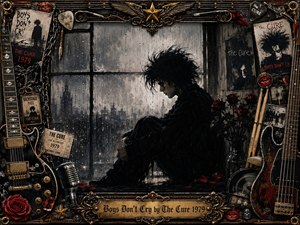 A solitary dark-haired figure sits beside a rain-streaked window, surrounded by deep shadows, crimson roses, and a dense rock-inspired frame of guitars, microphones, chains, tickets, and gold ornament. The somber charcoal-like palette, dramatic lighting, and distressed textures create a melancholic gothic mood, anchored by an engraved title plate.