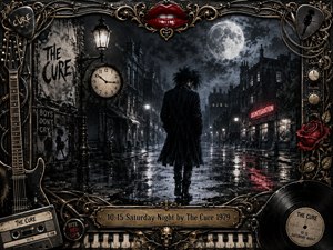 A solitary dark-haired figure walks through a rain-soaked midnight street beneath a glowing moon and vintage lamps, creating a brooding, introspective mood. Deep charcoal blacks, silvery reflections, muted gold, and vivid red accents define the gothic composition, surrounded by ornate musical relics, roses, guitars, records, piano keys, and an engraved title plate.