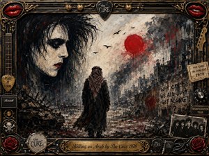 A brooding expressionist scene shows a lone robed figure walking through a devastated city beneath a blood-red sun, while a ghostly pale face looms at left. Black, gray, ochre, and crimson dominate the smoky composition. An ornate black-and-gold rock-themed frame surrounds the artwork with guitars, roses, skulls, tickets, and engraved title plate.