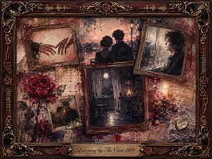 A richly layered romantic collage frames faded memories of reaching hands, a close couple, a rainlit portrait, roses, candlelight, and a moonlit room. Deep burgundy, sepia, charcoal, and dusty rose tones glow softly across distressed painterly textures. Ornate rosewood, gold filigree, vinyl motifs, and musical details enhance the wistful, enduring mood.