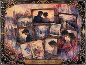 A nostalgic collage of faded memories fills ornate rosewood frames, showing young lovers, solitary figures, rainy streets, a bicycle, flowers, and a distant train platform. Warm pinks, dusty blues, gold, and sepia glow beneath soft evening light. Painterly watercolor and oil textures blend with musical chrome, roses, vinyl records, and delicate gold ornamentation.