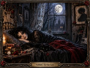A pale woman rests uneasily in a shadowed Gothic bedroom, surrounded by black lace, faded books, roses, and a watchful black cat. Cold moonlight pours through torn curtains while warm candlelight softens the darkness. Deep blacks, crimson accents, aged textures, and ornate framing create a romantic, haunted, dreamlike atmosphere.