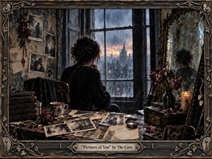A solitary dark-haired figure sits by a rain-streaked window in a worn, memory-filled room, gazing toward a distant gothic skyline at dusk. Scattered photographs, dried roses, a cracked mirror, and a guitar deepen the sense of longing. Muted blue-gray and sepia tones, candlelight, and richly textured mixed-media detail create a hauntingly romantic, melancholic atmosphere.