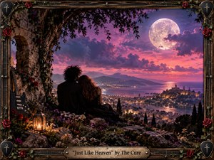 A darkly romantic couple rests beneath a weathered stone arch, overlooking a glowing coastal city and moonlit bay. Violet, rose, and indigo skies surround an enormous luminous moon, while lantern light warms wildflowers and rocks. An ornate guitar-string frame, roses, ivy, and vintage metalwork enhance the handcrafted gothic dreaminess.