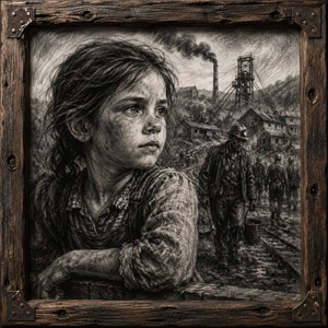 Framed in weathered timber, this charcoal portrait honors the strength behind a coal miners daughter. Her hopeful gaze contrasts with the soot-dark mine, hardworking miners, smoky hills, and rough Appalachian landscape. Rich shading, worn textures, and quiet emotion transform hardship, family pride, and determination into a timeless American story and legacy.