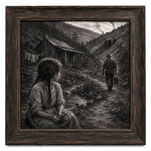 Seated beside a rocky mountain stream, a miners daughter watches her father walk toward the distant mine. Their modest cabin rests beneath steep Appalachian hills while smoke rises beyond the valley. Deep charcoal shading gives this scene a powerful sense of separation, sacrifice, family loyalty, and quiet emotional strength.