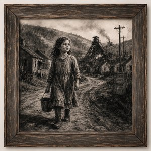 A young girl walks steadily through a rugged coal-mining settlement, carrying a worn metal pail beneath smoky skies. Weathered homes, muddy roads, power lines, and the towering mine surround her. This detailed charcoal sketch reflects childhood responsibility, working-class resilience, and the courage to look beyond difficult circumstances.