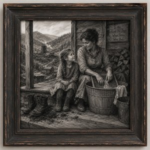 A tender charcoal portrait of hardship, family, and quiet devotion. A mother pauses over the washboard as her young daughter watches with admiration. Beyond their weathered porch, the mining valley stretches into the mountains, capturing the humble strength, sacrifice, and enduring love behind Coal Miners Daughter.