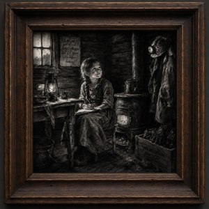 Inside a shadowed miners cabin, a young girl writes beside the warm glow of a lantern and coal stove. Her fathers helmet and work coat hang nearby, symbols of sacrifice and survival. Rich charcoal textures create an intimate portrait of imagination, determination, and hope rising from humble beginnings.