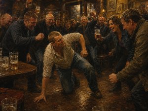 A determined man rises from a wet tavern floor as a roaring crowd surrounds him with raised glasses and clenched fists. Warm amber light, weathered wood, and expressive faces transform the noisy pub into a celebration of resilience. The scene captures defiant perseverance: setbacks may knock us down, but never keep us there.