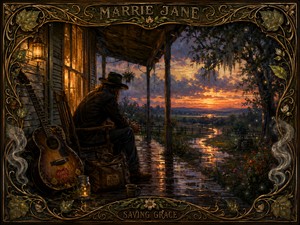 A weary musician rests quietly on a rain-soaked country porch while the final light of sunset stretches across the landscape. His guitar, lantern, traveling bag, and glowing window create an intimate atmosphere of reflection. The ornate Marrie Jane frame completes this heartfelt portrait of music, gratitude, endurance, and peace.
