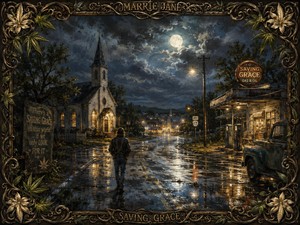 Beneath a luminous full moon, a lone figure walks along a rain-covered road toward the warm lights of a small town. A country church, vintage gas station, old pickup truck, and reflective puddles create nostalgic Americana scenery. The Marrie Jane frame surrounds this symbolic nighttime search for hope and redemption.