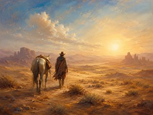 A lone traveler and his pale horse cross an immense desert beneath a glowing golden sky. Distant mesas, dry brush, and shimmering sand surround their quiet passage toward the horizon. Warm painterly light transforms solitude into freedom, companionship, and peaceful self-discovery within the deserts vast, mysterious silence.