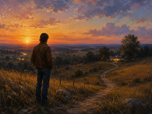 A solitary man stands on a hillside at sunset, gazing toward a warmly lit farmhouse in the distance. A winding path through golden fields suggests the emotional pull of love, longing, and belonging. The glowing horizon and deepening evening sky capture the quiet ache of needing someone who feels like home.