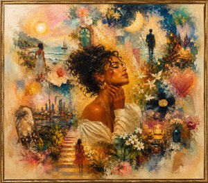 A radiant woman rests within a richly textured collage of longing and possibility. Golden light surrounds seaside walks, glowing cities, flowers, music, candles, doves, moonlit figures, and a painted heart. Soft feathered edges transform each scene into a distant memory, while the ornate frame preserves its warmth.