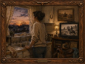 A woman stands quietly at her kitchen sink as dusk settles over the neighborhood. Western books, a saddle, cowboy artwork, and an old television surround her with echoes of a fading dream. The carved Western frame reinforces the contrast between domestic life and the romantic cowboy ideal she longs to find.