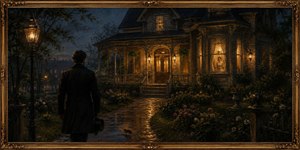 Warm gaslight spills from a stately 1900s home as a gentleman approaches along a rain-slicked garden path. From a glowing window, a woman watches with joyful anticipation. A tiny mouse scurries across the walkway, adding charm to the romantic, richly detailed scene, elegantly enclosed by an ornate golden picture frame.