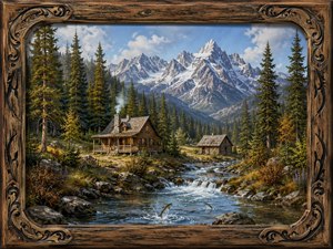 An intricately framed alpine landscape showcases a cozy log cabin beside a sparkling river, with fish leaping through rippling water. Towering evergreens, autumn shrubs, smoky chimney, and rugged snowcapped peaks create peaceful wilderness charm, while the carved old wood frame with black inlay adds rustic elegance.