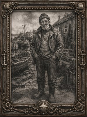 A detailed charcoal-style sketch shows a weathered old fisherman standing in a maritime village, hands in his pockets, dressed in a knit cap, heavy coat, thick sweater, trousers, and worn boots. His lined face and gentle expression suggest years of hard work and sea life. Behind him are fishing boats, docks, nets, ropes, wooden sheds, and coastal homes under a cloudy sky. An ornate nautical frame with carved rope, shells, anchors, and antique wood completes the historic harbor mood.