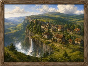 A storybook-style painted aerial view shows a charming countryside village perched on a dramatic cliff beside a powerful waterfall. Rolling green hills, distant valleys, winding paths, rustic cottages, and a church tower fill the landscape. The scene is framed in carved weathered wood with warm gold accents, giving it an elegant finished-gallery look.