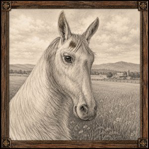 Graceful and serene, this detailed graphite-style sketch captures a gentle llama alpaca in a wide meadow, with a quiet farm resting beyond rolling hills. Fine fur texture, expressive eyes, soft countryside light, and a rustic carved frame create a timeless pastoral artwork, perfect for warm decor, gifts, and collectible display.
