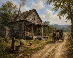 Step into yesteryear with this richly painted rustic cabin scene, where weathered 1800s logs, smoky chimney, porch awning, chickens, hand pump, and pail glow with frontier charm. A chestnut horse and carriage wait along the dusty road, adding warmth, history, and storybook country beauty to any collection or display space.
